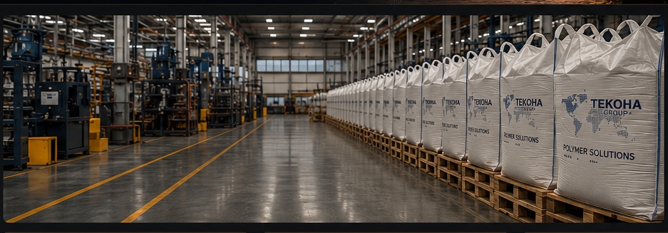 Executives discussing industrial operations in a factory with resin pallets